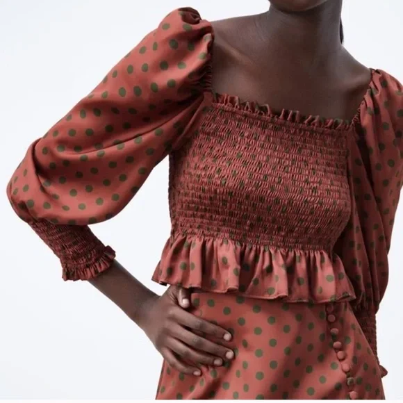 NWT Zara Satin Burgundy Red & Green Polka Dot Smocked Puff Sleeve Top in size M - Picture 3 of 10